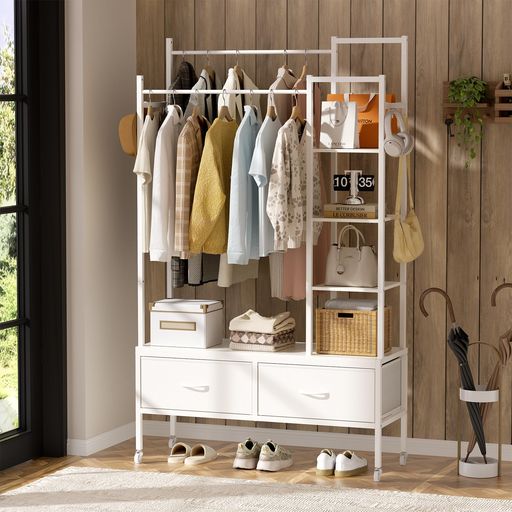 Naoticoハンガーラック引き出し付き2段棚付き頑丈洋服ラックワードローブコート掛け収納付き棚付きタンスランドセル衣類キャスター付きハンガーダブルロッド多機能おしゃれベッドルー…