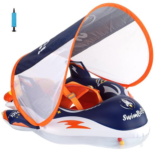 YXTCベビー浮き輪足入れ屋根付きロケット浮き輪赤ちゃん用足入れUVカットSPF50+日焼け止め取り外し可能なサンシェードベビーフロート水遊び6ヶ月-3歳適用(ブルー)