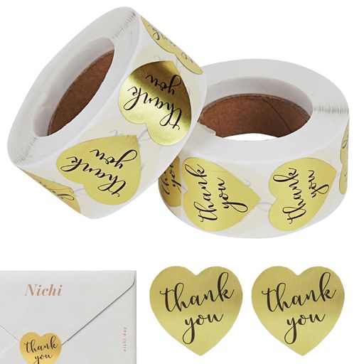 TOCCOOLハート形サンキュステッカー封筒シールゴールド感謝ステッカーシールラベル1インチ(2.5cm)フェスティバルカード/ギフトラッピング/タグ/メーラーバッグに適用(2ロール、500枚づつ)(3)