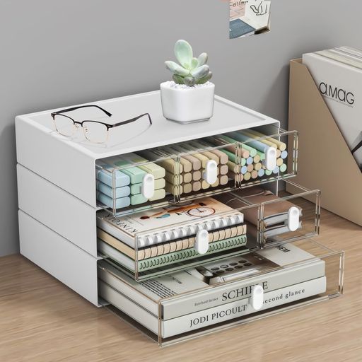 Aissioraデスク収納ボックス自由に組み合わせ可能小物入れ卓上収納ケース引き出し式透明組立不要ストレージ化粧品収納ケース文房具デスク収納書類収納(白3個セット)