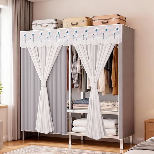 NODIBROワードローブ折り畳み式ハンガーラックカバー付き衣類収納ラック大容量二重層ドアカーテンシンプルなワードローブ広げるだけ設置簡単頑丈省スペース防塵防汚...