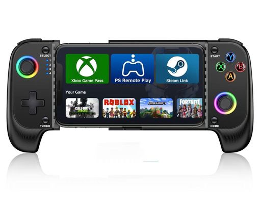 スマホコントローラーBluetoothiOS/Android両用ゲームコントローラー伸縮型XboxCloud/SteamLink/GeForceNowゲームなど対応低遅延600mAhバッテリーRGBライト黒