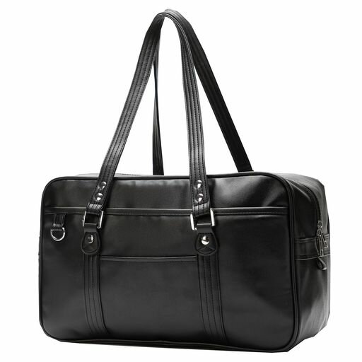 zuevichnスクールバッグ高校生女子ボストンバッグ通学PU収納ポケット大容量合皮男女兼用(Black)