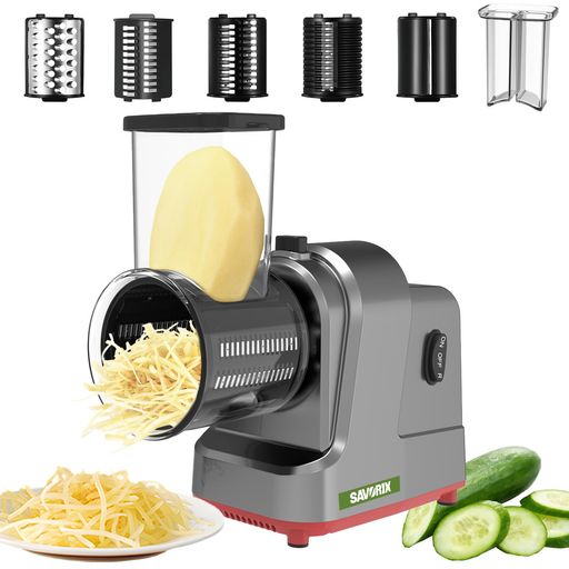 Savorix電動野菜スライサー5種替刃ステンレス製家庭用多機能粗切り・細切り・スライス・波刃・みじん切..