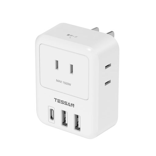 電源タップUSB-C付きTESSANコンセントタップ3個AC口2個USB-A1つType-Cたこあしコンセントタコ足配線雷..