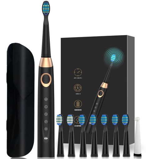 電動歯ブラシ歯ブラシ音波歯ブラシ電動歯磨きIPX7防水替えブラシ8本ケース付きソニック5モード2分間オ..