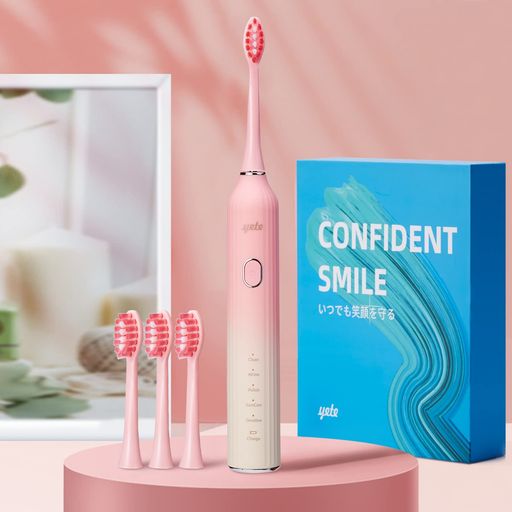 YETE電動歯ブラシ超音波歯ブラシ充電式IPX7防水130日間使用可能替えブラシ2本Pink(2)