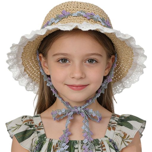 [LYING] 麦わら帽子 女の子 キッズ ストローハット 2~5歳 かわいい 花とレース飾り UVカット 帽子 子供用 夏 つば広 紫外線対策 折りたたみ 通気 通園 海 旅行 写真撮影 ガールズ 女児 プレゼ…