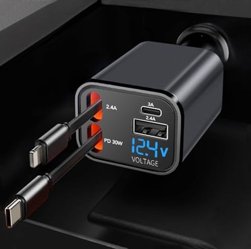 【2025小型設計】CARXtruck巻き取り式充電ケーブル車充電器シガーソケット4台同時充電可能LED表示電圧急速充電スマホiphone/iPad/Galaxy/AQUOS/Xperia対応12V-24V車対応カー用品車用品