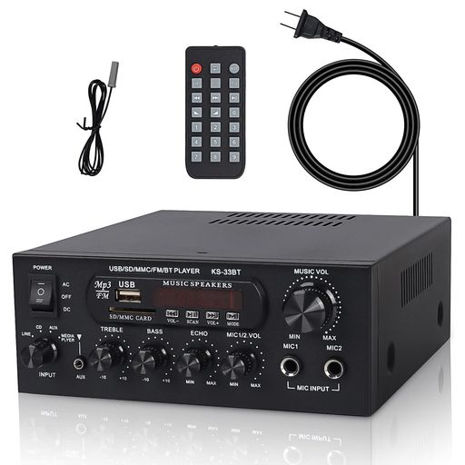 【HIFIパワーアンプ】弊社のカラオケアンプは高性能チップを採用することで、まるでCD音源を再生しているような高音質サウンドを実現します!メインボリューム、トゥイーター、およびベースはすべてアナログコンポーネントによって規制されており、音楽の性質をより忠実に復元し、実際の音楽を聴いて、本当のHIFIサウンドエフェクトを提供できます。家庭用も車載用も最適です。 【Bluetoothオーディオサウンドアンプ・交換性抜群】:このHiFiパワーホームアンプはBluetooth対応できるワイヤレス車載用、家庭用ステレオレシーバーです。ブルートゥース機能を備えるので、スマートフォン、タブレット、ラップトップ、iPhone、iPadなどブルートゥースデバイスに簡単に接続できて、とっても便利なアイテムです。また、USBインタフェースを搭載し、プラグアンドプレイで、高品質の音楽を自由に楽しむことができます。 【デジタルステレオオーディオアンプ】スピーカーの音声増幅デバイスには、オーディオソースとセレクター用のくっきりしたボタン、イコライゼーション用のロータリーノブ、マスターボリューム調整があります。