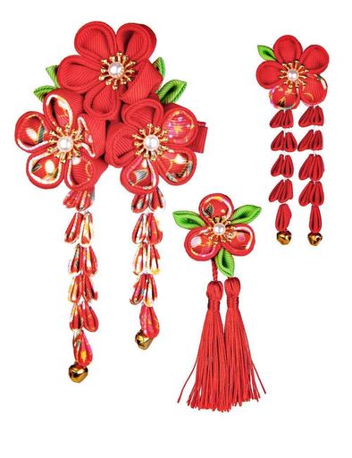 JZOON髪飾り3点セット成人式七五三浴衣袴着物振袖和装つまみ細工花卒業式結婚式鈴付き手作り赤C5色全15選