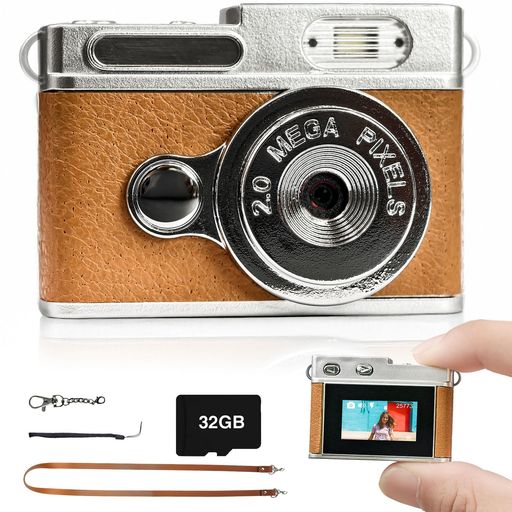 小型デジタルカメラミニレトロデジカメ1080P0.96インチ画面携帯便利キーホルダーセット初心者32GBカード付属TYPE-C充電式日本語取扱説明書(ブラウン)
