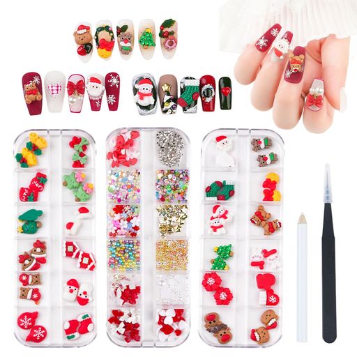 クリスマスネイルパーツ3ケース入り3D立体可愛いサンタクリスマスツリー雪の結晶トナカイベル靴下リボン花ハートネイルパーツパールラインストーンメタルパーツネイルアートジュエリ…