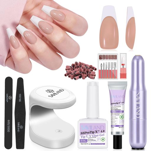 Savilandジェルネイルチップ:256枚30日間持続ネイルプレスオンブラウンミディアムコフィンフレンチチッ..