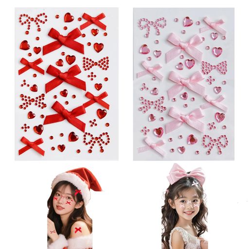 Jravezt顔シール2枚セットラインストーンステッカーかわいいキラキラフェースステッカーハートリボンメイクシール貼り付け簡単DIY顔面デコ携帯電話装飾ネイルデコパーツ(赤+ピンク)