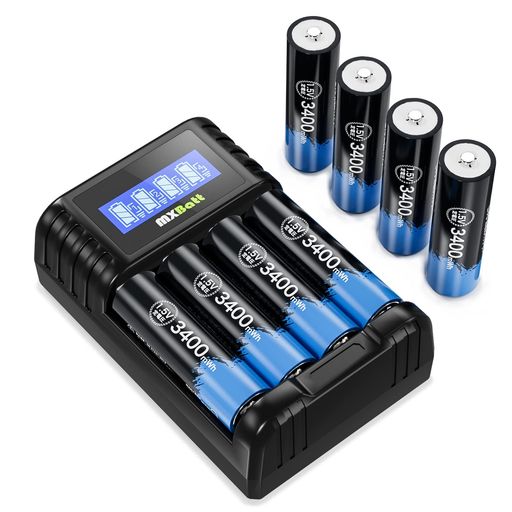 MXBatt単三電池充電式充電器セットリチウム充電池1.5V3400mWh1.5H急速充電液晶ディスプレイ充電器スロット独立充電機能単三/単四1.5Vリチウム電池/1.2Vニッケル水素/14500/10430充電池を同時充電…