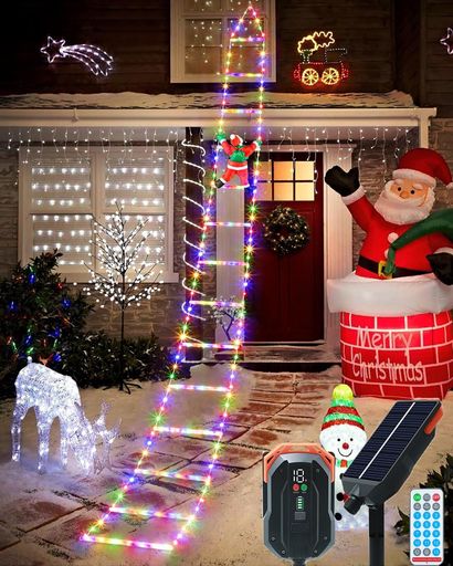 [V-Dank]ソーラーイルミネーションライトLED屋外防水クリスマス梯子サンタクロースUSB充電可能228球3M..