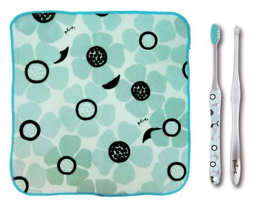 Pluneプルーン歯ブラシ・ワンタフトブラシタオルハンカチ付セット大きな水色お花ギフトにも是非!