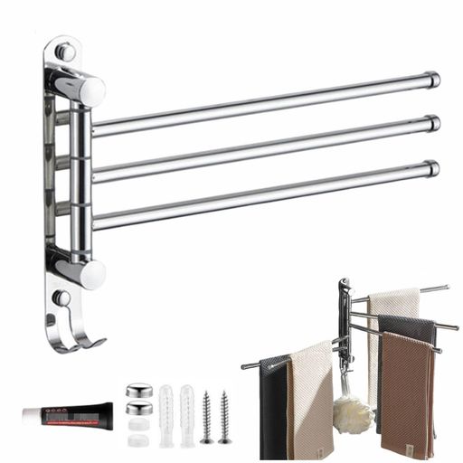 タオル掛けスイングアームステンレス製回転式タオル掛けタオル干し180°回転2Way粘着とネジ止めタオルバ..