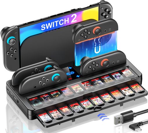 Switch2対応充電&収納スタンド【充電収納保護一体化】Joy-Con4台急速充電/20枚ゲームカード収納/Switch2本体収納可能一体型コンパクト充電ドックLEDランプ付省スペース設計Switch2用オールイン…