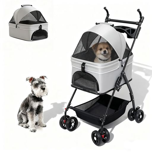 折りたたみ式ペットカート、4輪軽量犬猫用カート、取り外し可能なキャリーバスケット付き収納バスケッ..