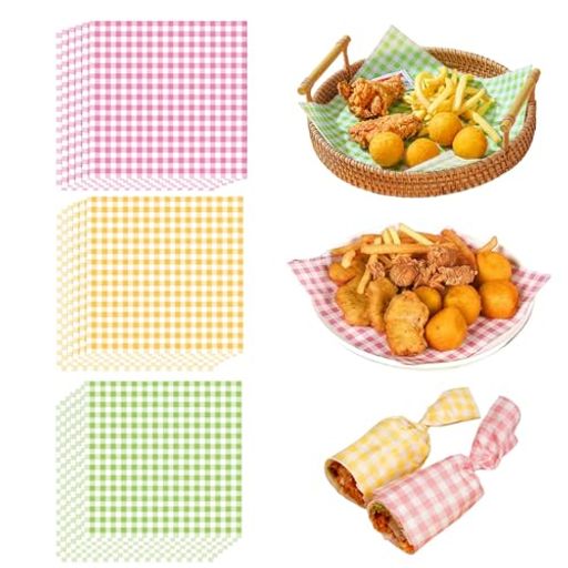 RuiChyクッキングペーパー150枚入りクッキングシートラミネート紙サンドイッチ包装紙天ぷら敷紙マカロンカラーチェック柄強力な防水性と耐油性可愛い揚げ物ハンバーガー花束の包装紙18*…