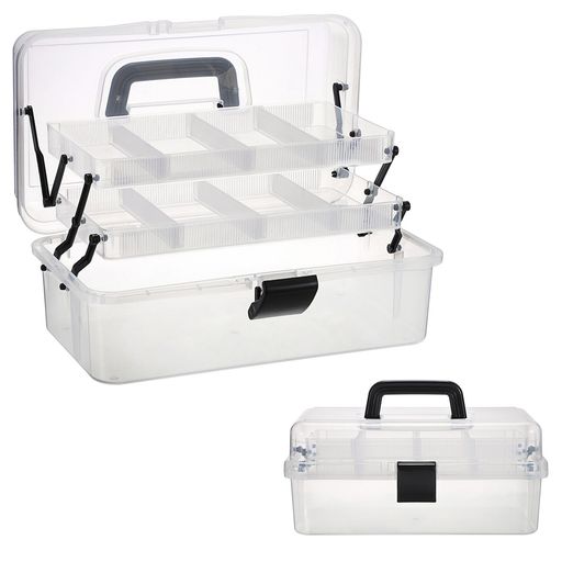 Sumnacon大容量ツールボックス収納ボックス収納箱三段折りたたみ多機能調整可能な間隔雑貨収納取っ手付き小物入れ家用車用(クリア+ブラックバックル)