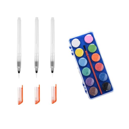 YUANHEN水筆水彩画用筆ウォーターブラシ12色固形顔料パウダーセット-水書水彩色鉛筆ベーシック絵筆アー..