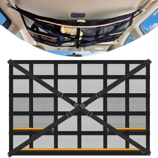 Morikaze2025年新型車内天井収納ネット改良型クロス構造三層ポケット付きオレンジ縁付き荷物落下防止車..