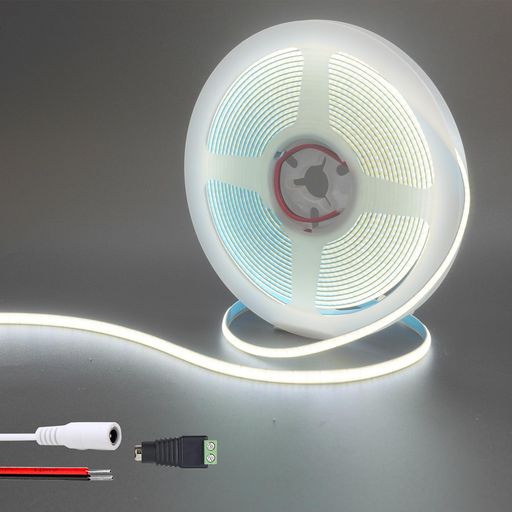 クリアヒル(Clearhill)12V5mm幅COBLEDストリップライト(電源別売)5M昼白色6500K400LEDs/M、5521DCメスコネクター付き、10W/M、CRI90、メッキ加工両面パネルライトストリップ、IP20(非防水)