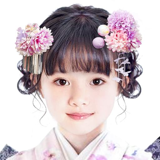 OTAKUMARKET髪飾り七五三成人式浴衣髪飾り花袴着物振袖和装卒業式結婚式髪留め子供和風高級造花ヘアアクセサリー2点セット(パープルA)