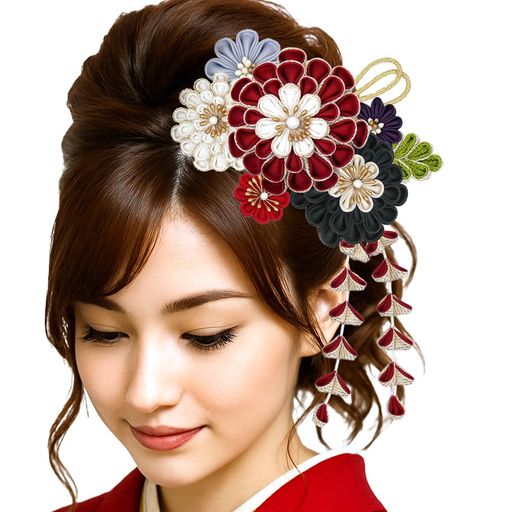 髪飾りつまみ細工振袖用kk-069菊絹シルクレッド赤振袖袴成人式結婚式卒業式浴衣ヘアアクセ(レッド)