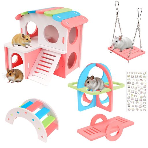 IRRVIN6点セットハムスターハウスおもちゃハムスター家ハムスターおもちゃPVCかわいい小屋取り付け簡単面白いハムスター遊び場遊び道具ステッカー付きストレス解消運動不足解消小動物…