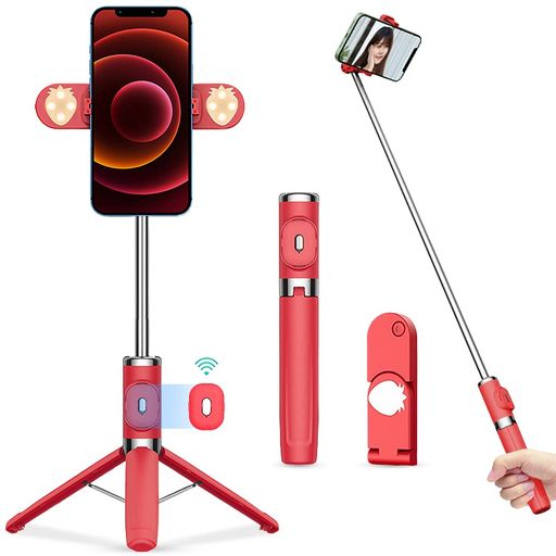自撮り棒bluetoothリモコン付きじどり棒ライト付きスマホスタンド日本語説明書じどりぼうスマホ三脚104cm7段階伸縮セルカ棒iPhone&Androidに対応セルフィー/撮影録画/生放送携帯スタンド(赤)