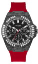 rv QX GUESS Y GUESS Men's Sport Multifunction Crystal 47mm Watch ? Black Stainless Steel Case Black Dial with Red Silicone Straprv QX GUESS Y