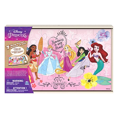 WO\[pY CO AJ Disney Princess, 7 Wood Puzzles Jigsaw Bundle 12-Piece 16-Piece 24-Piece Ariel Tiana Rapunzel Pocahontas with Storage Tray, for Kids Ages 4 and upWO\[pY CO AJ