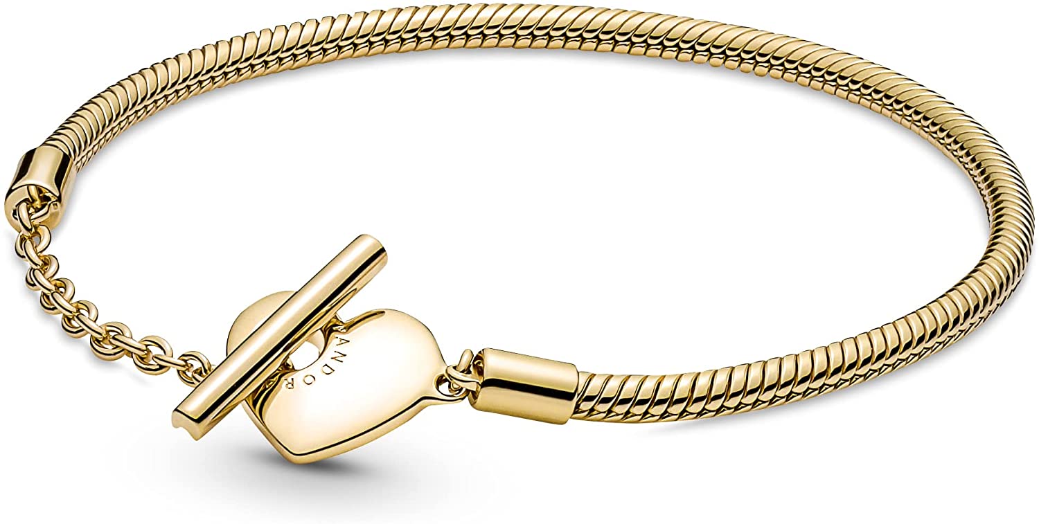 パンドラ ブレスレット チャーム アクセサリー ブランド Pandora Moments Heart T-Bar Closure Snake Chain Bracelet - 14k Gold-Plated Charm Bracelet for Women - Compatible Moments Charms - Gift for Her -パンドラ ブレスレット チャーム アクセサリー ブランド