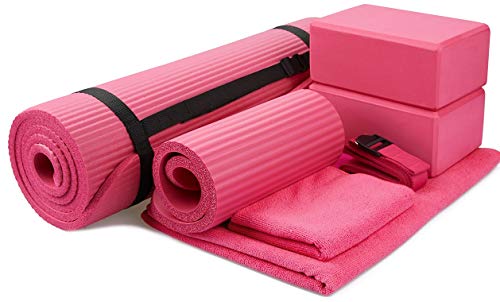 襬ޥå եåȥͥ BalanceFrom GoYoga 7-Piece Set - Include Yoga Mat with Carrying Strap, 2 Yoga Blocks, Yoga Mat Towel, Yoga Hand Towel, Yoga Strap and Yoga Knee Pad (Pink, 1/2