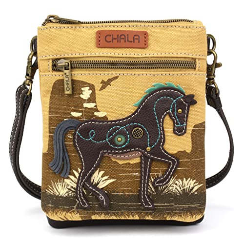 chala obO pb` Jo 킢 CHALA Double Pocket Xbody Women RFID Protected Canvas Crossody Purse with Adjustable Strap - Horse -brownchala obO pb` Jo 킢