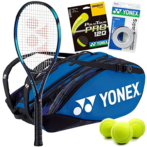 テニス ラケット 輸入 アメリカ ヨネックス Nick Kyrgios Tennis Gear Bundle - Yonex EZONE 98 Sky Blue Racquet (4_1/4) w Flash Yellow PolyTour Pro 120 (56lbs/Full Bed) + a Fine Blue 9 Pack Bag + a 3pk of SuperGrapテニス ラケット 輸入 アメリカ ヨネックス