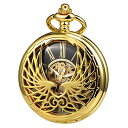 TREEWETO Men's Women's Pocket Watch Mechanical Skeleton Eagle Wings Double Hollow Case Roman Numeral with Chain Box