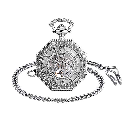 Infinite U Mens Pocket Watch Steampunk Vintage Unique Octagon Skeleton Mechanical Pocket Watch with Chain