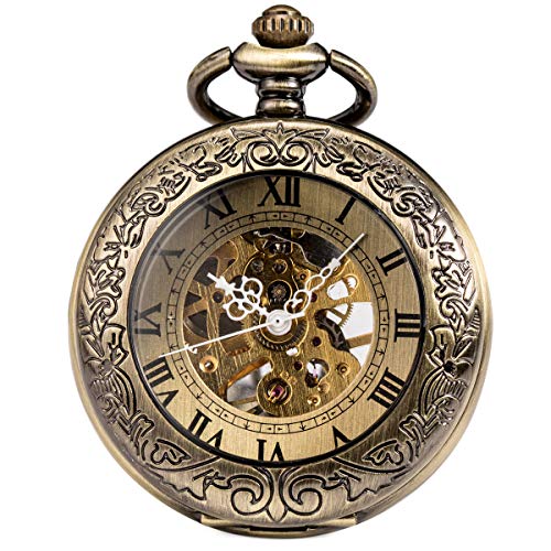 ManChDa Mechanical Pocket Watch for Men Women Special Magnifier Half Hunter Double Open Engraved Case Roman Numerals with Chain + Box Bronze