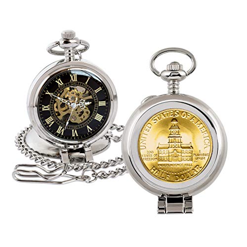 Coin Pocket Watch with Skeleton Quartz Movement | Gold Layered JFK Bicentennial Half Dollar | Genuine U.S. Coin | Sweeping Second Hand, Roman Numerals | Silvertone Case | Certificate of Authenticity