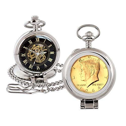 Coin Pocket Watch with Skeleton Quartz Movement | Gold Layered 1964 Silver JFK Half Dollar | Genuine U.S. Coin | Sweeping Second Hand, Roman Numerals | Silvertone Case | Certificate of Authenticity