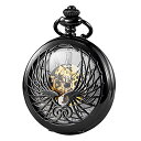 TREEWETO Skeleton Eagle Wings Design Black Case Roman Numeral Markers Mechanical Pocket Watch