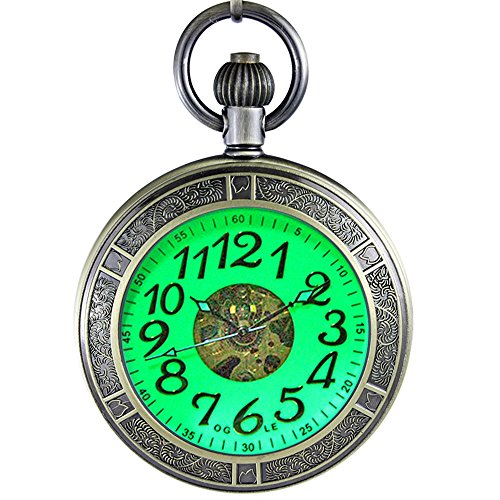 OGLE Waterproof Magnifier Skeleton Chain Silver Luminous Fob Self Winding Automatic Mechanical Pocket Watch (Bronze Luminous)