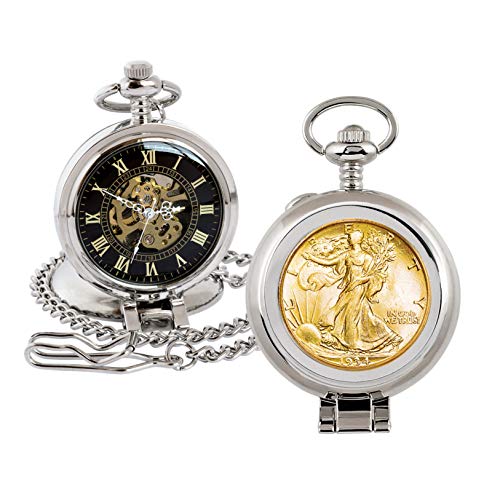 Coin Pocket Watch with Skeleton Quartz Movement | Gold Layered Silver Walking Liberty Half Dolla..