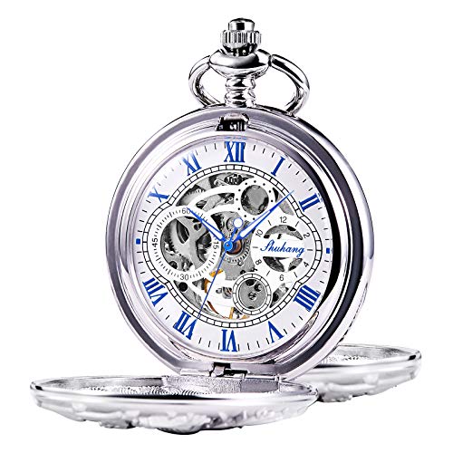 TREEWETO Mens Mechanical Pocket Watch Antique Dream Dragon Skeleton Silver Tone Double Open Case with China & Box Gift for Man Woman