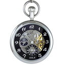 OGLE 3ATM Waterproof Large Size Vintage Stainless Steel Moon Phase Double Time Fob Self Winding Automatic Skeleton Mechanical Pocket Watch Chain Box (Silver Black)